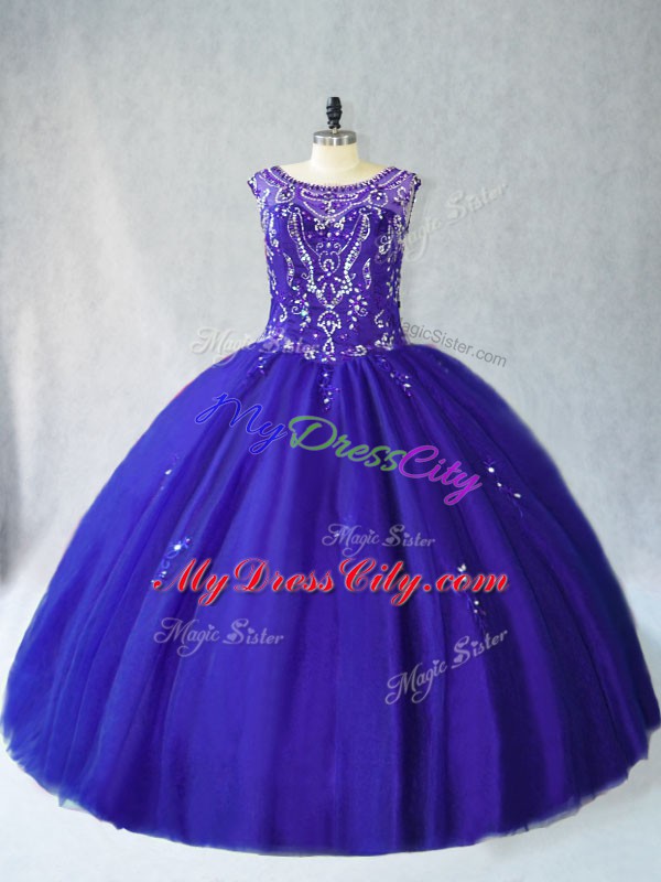 Royal Blue Tulle Lace Up Quinceanera Gowns Sleeveless Floor Length Beading