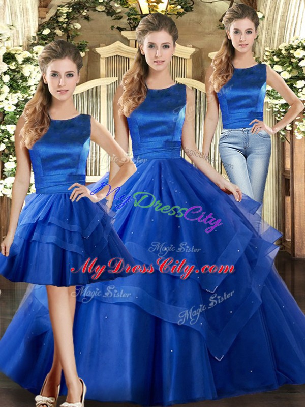 Royal Blue Sweet 16 Dress Military Ball and Sweet 16 and Quinceanera with Ruffled Layers Scoop Sleeveless Lace Up