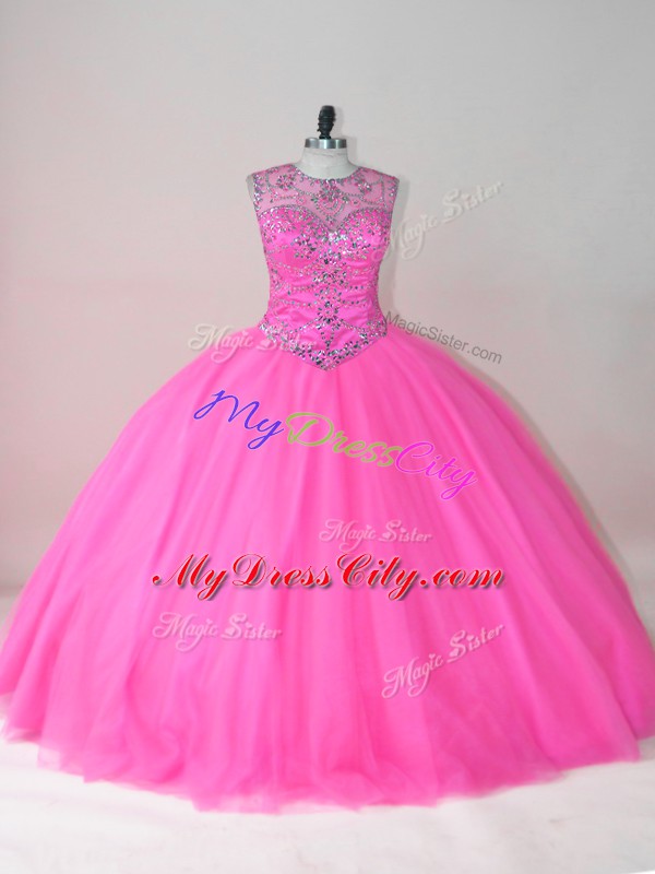 Rose Pink Lace Up Scoop Beading Quinceanera Dress Tulle Sleeveless