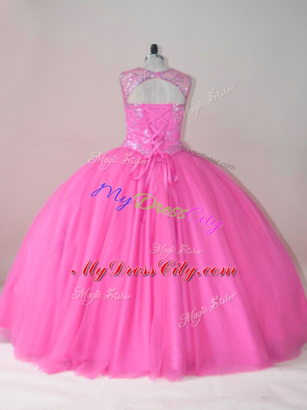 Rose Pink Lace Up Scoop Beading Quinceanera Dress Tulle Sleeveless