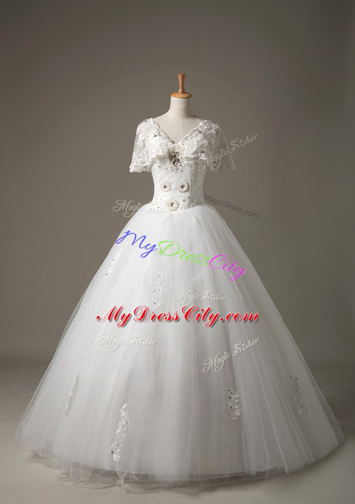 Pretty Short Sleeves Lace Up Floor Length Beading and Appliques Bridal Gown