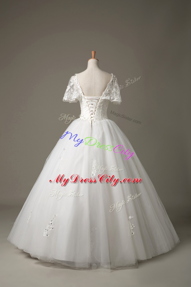 Pretty Short Sleeves Lace Up Floor Length Beading and Appliques Bridal Gown