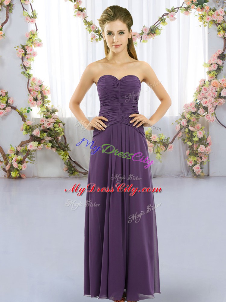 Purple Chiffon Lace Up Sweetheart Sleeveless Floor Length Bridesmaid Gown Ruching