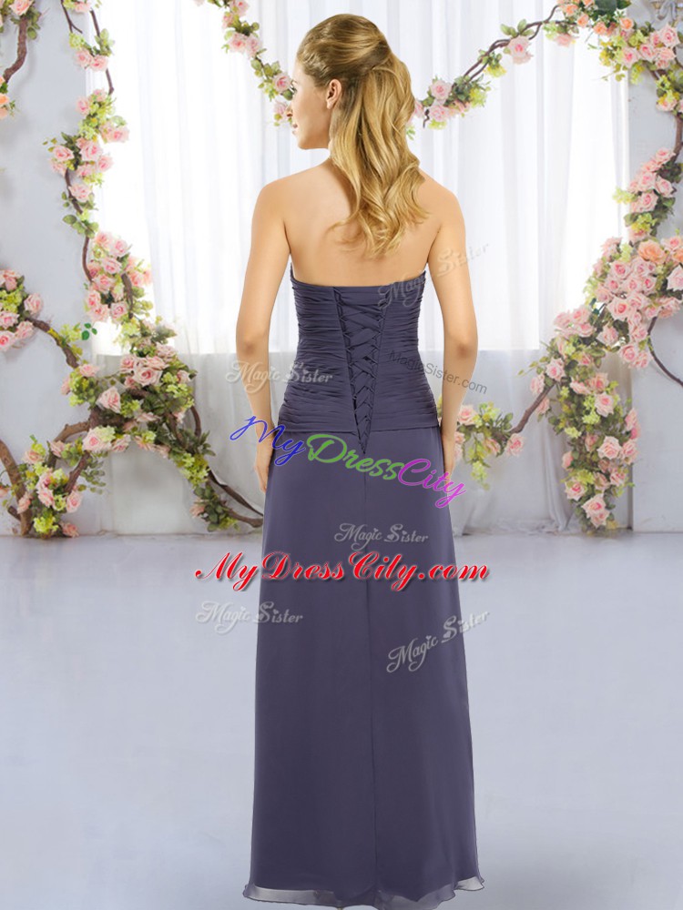 Purple Chiffon Lace Up Sweetheart Sleeveless Floor Length Bridesmaid Gown Ruching