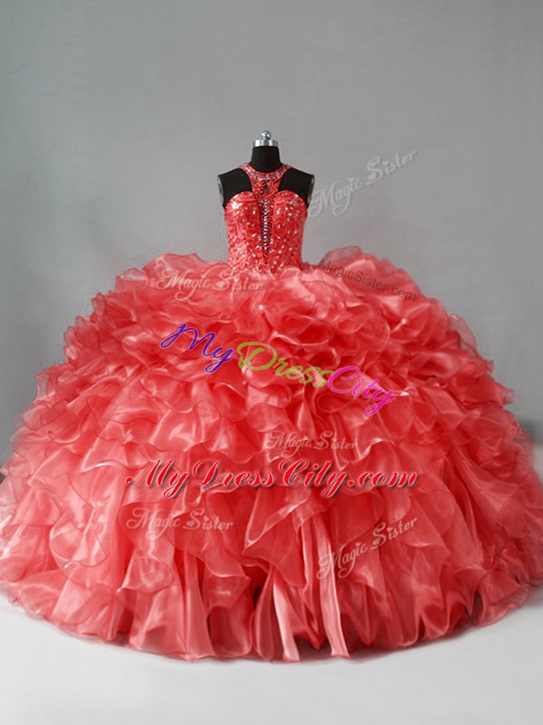 Custom Made Coral Red Quinceanera Dresses Halter Top Sleeveless Brush Train Zipper