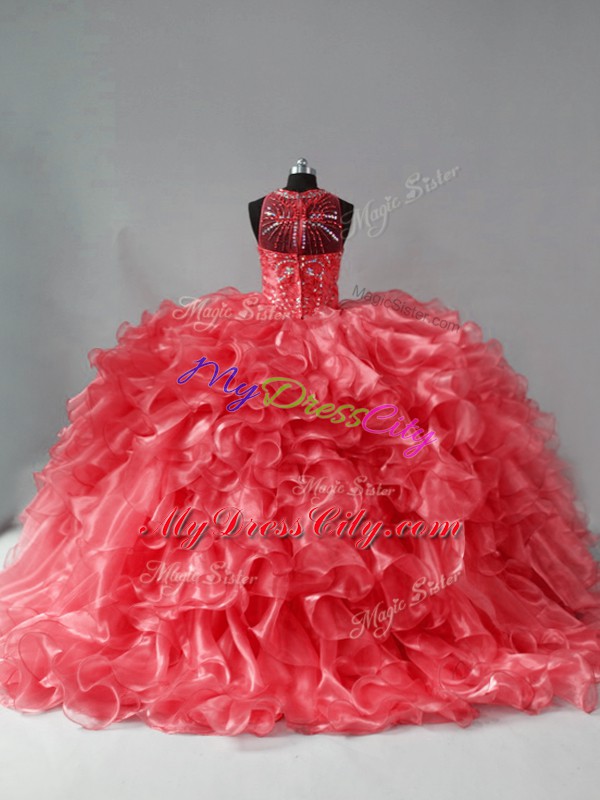 Custom Made Coral Red Quinceanera Dresses Halter Top Sleeveless Brush Train Zipper