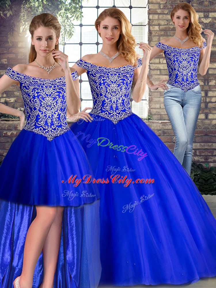 Royal Blue Sleeveless Brush Train Beading Sweet 16 Dress