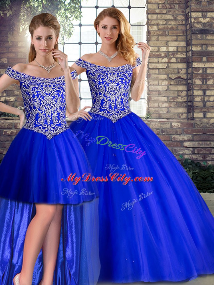 Royal Blue Sleeveless Brush Train Beading Sweet 16 Dress