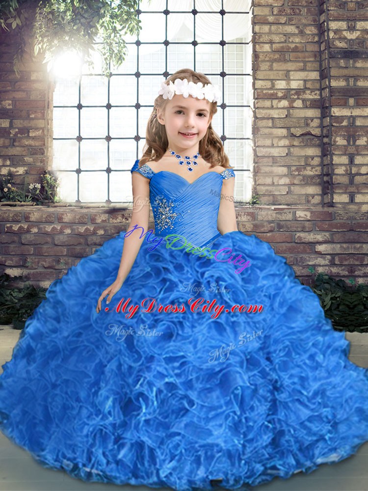 Royal Blue Sleeveless Fabric With Rolling Flowers Lace Up Pageant Dress Toddler for Party and Wedding Party