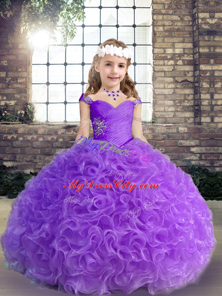 Floor Length Little Girl Pageant Dress Purple for Party and Wedding Party with Beading and Ruching