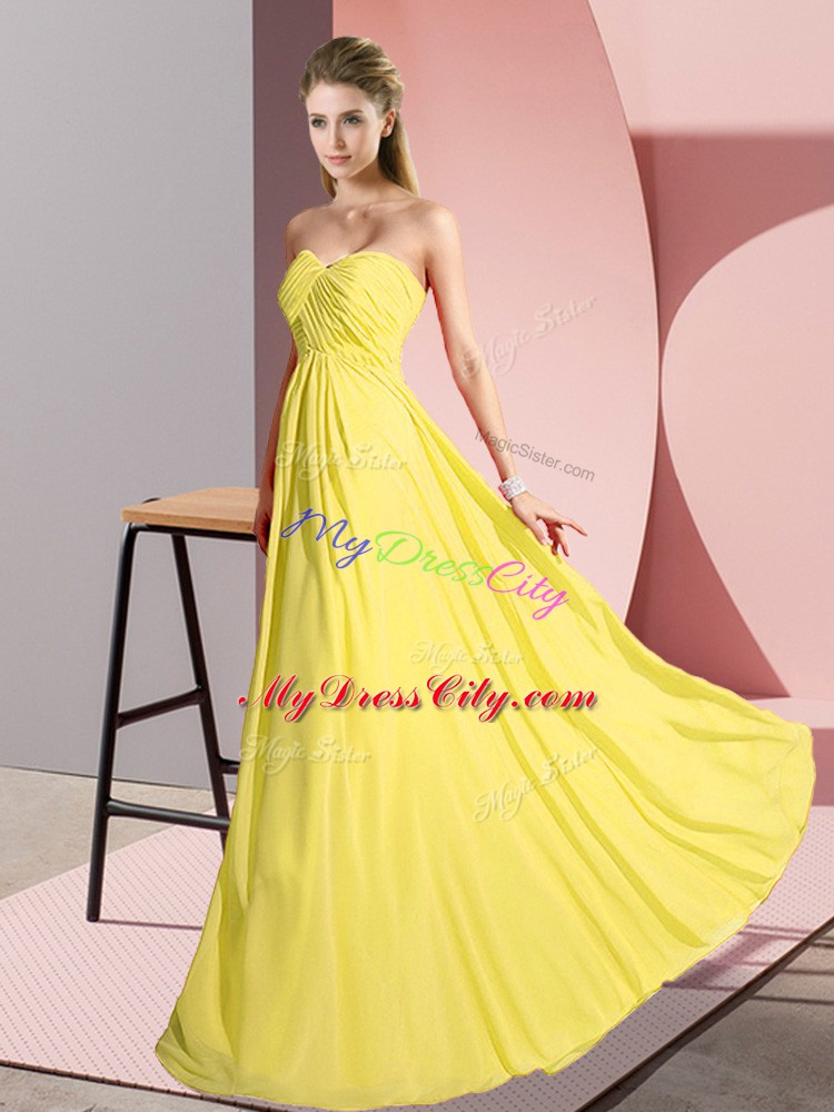 Best Sweetheart Sleeveless Evening Gowns Floor Length Ruching Yellow Chiffon