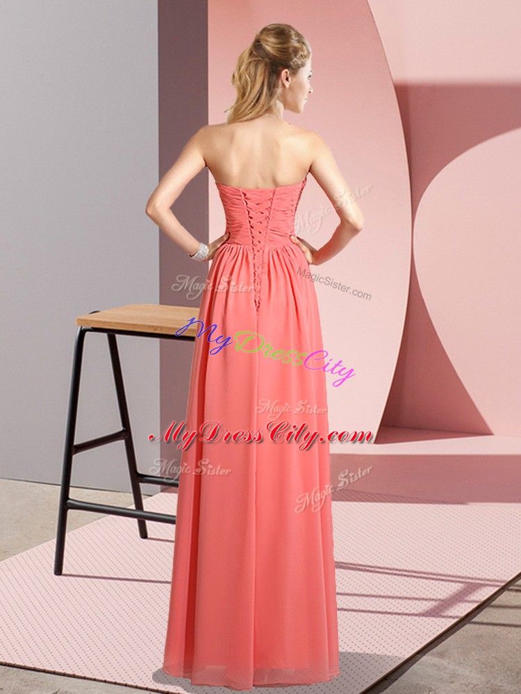 Best Sweetheart Sleeveless Evening Gowns Floor Length Ruching Yellow Chiffon