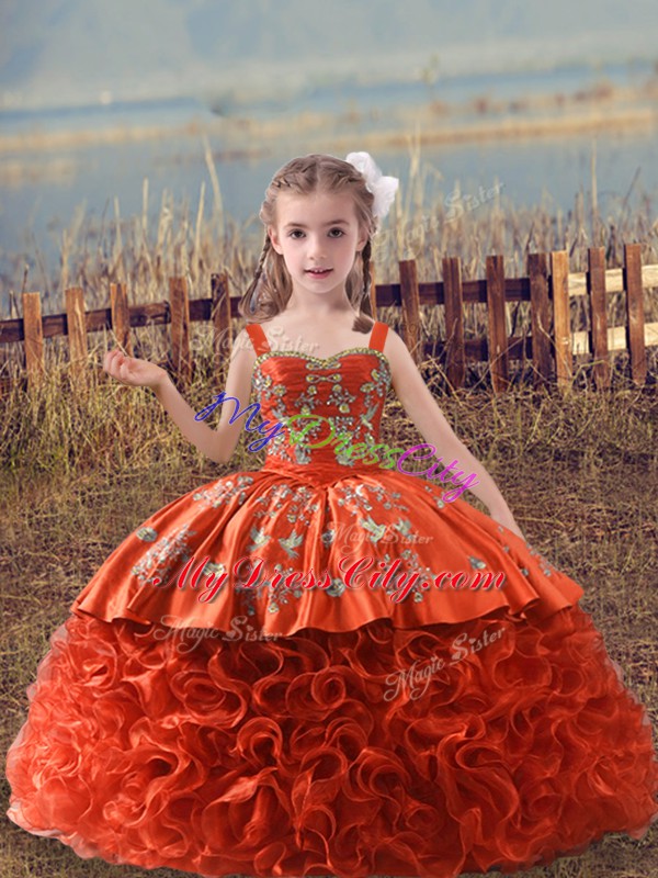 Orange Red Girls Pageant Dresses Wedding Party with Embroidery Straps Sleeveless Sweep Train Lace Up