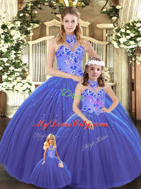 Hot Sale Sleeveless Embroidery Lace Up 15 Quinceanera Dress with Blue