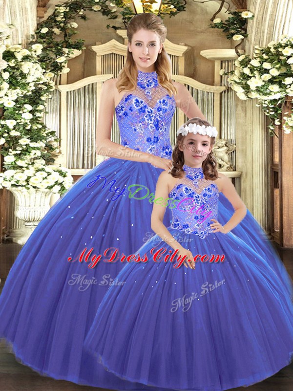 Hot Sale Sleeveless Embroidery Lace Up 15 Quinceanera Dress with Blue