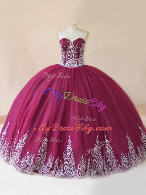 Latest Burgundy Sweetheart Neckline Embroidery Quinceanera Gown Sleeveless Lace Up