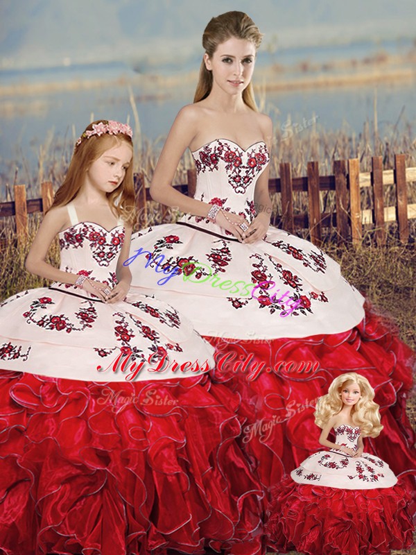 Deluxe White And Red Sweet 16 Quinceanera Dress Military Ball and Sweet 16 and Quinceanera with Embroidery and Ruffles and Bowknot Sweetheart Sleeveless Lace Up