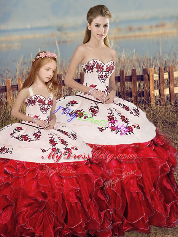 Deluxe White And Red Sweet 16 Quinceanera Dress Military Ball and Sweet 16 and Quinceanera with Embroidery and Ruffles and Bowknot Sweetheart Sleeveless Lace Up