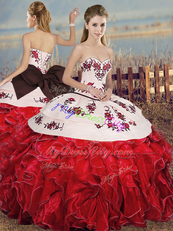 Deluxe White And Red Sweet 16 Quinceanera Dress Military Ball and Sweet 16 and Quinceanera with Embroidery and Ruffles and Bowknot Sweetheart Sleeveless Lace Up