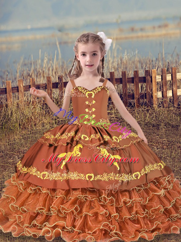 Elegant Organza Straps Sleeveless Lace Up Beading and Embroidery and Ruffled Layers Little Girls Pageant Dress Wholesale in Rust Red