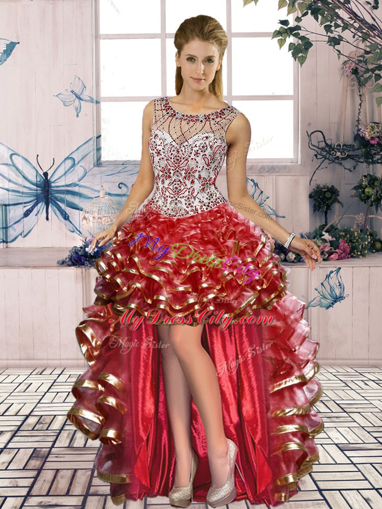 Hot Selling Red Lace Up Scoop Beading and Ruffles Sweet 16 Dress Organza Sleeveless