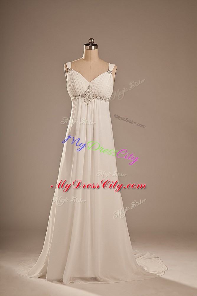 Dramatic Beading Bridal Gown White Lace Up Sleeveless Brush Train