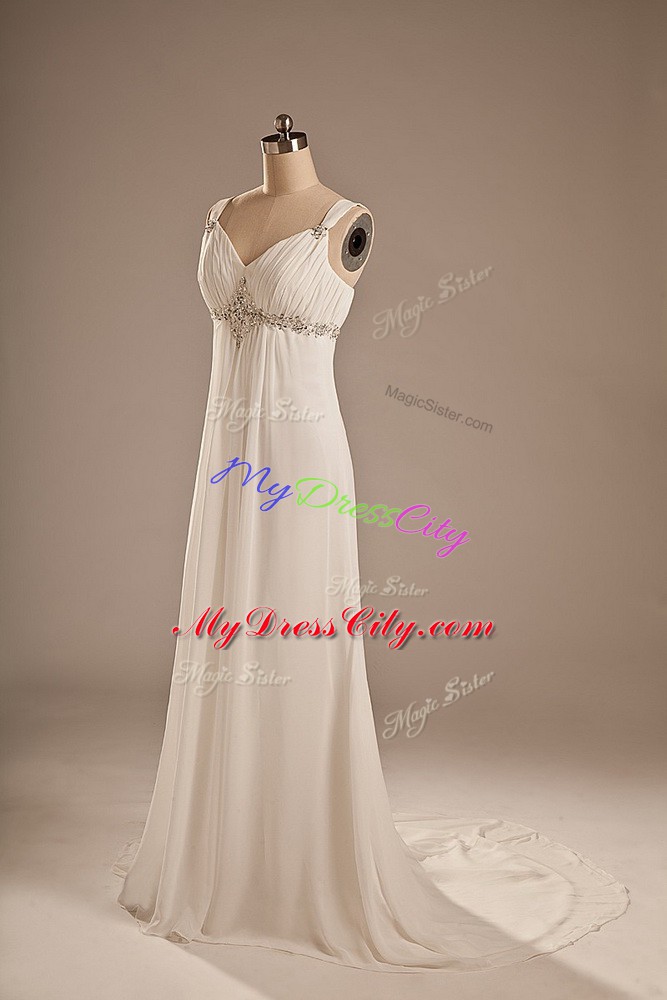 Dramatic Beading Bridal Gown White Lace Up Sleeveless Brush Train