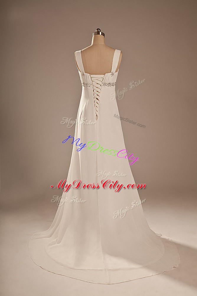 Dramatic Beading Bridal Gown White Lace Up Sleeveless Brush Train