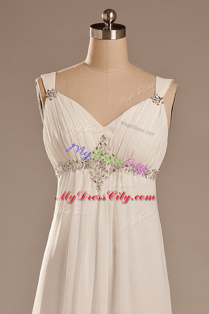 Dramatic Beading Bridal Gown White Lace Up Sleeveless Brush Train