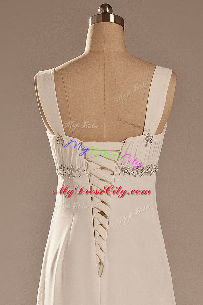 Dramatic Beading Bridal Gown White Lace Up Sleeveless Brush Train