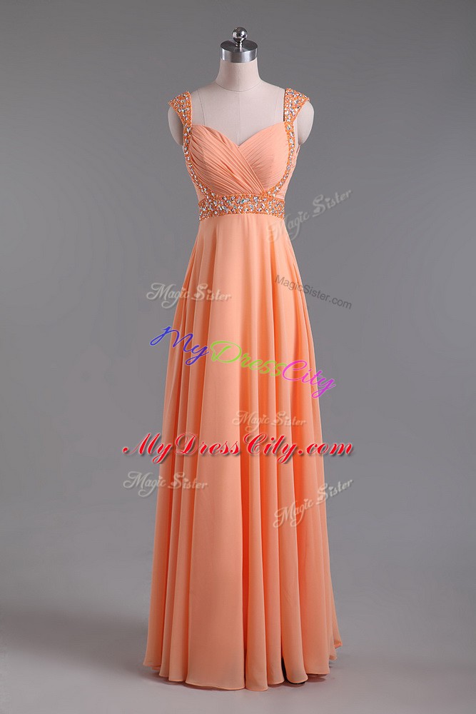 Orange Sleeveless Floor Length Beading and Ruching Backless Prom Gown