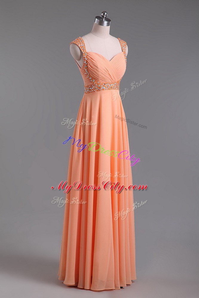 Orange Sleeveless Floor Length Beading and Ruching Backless Prom Gown