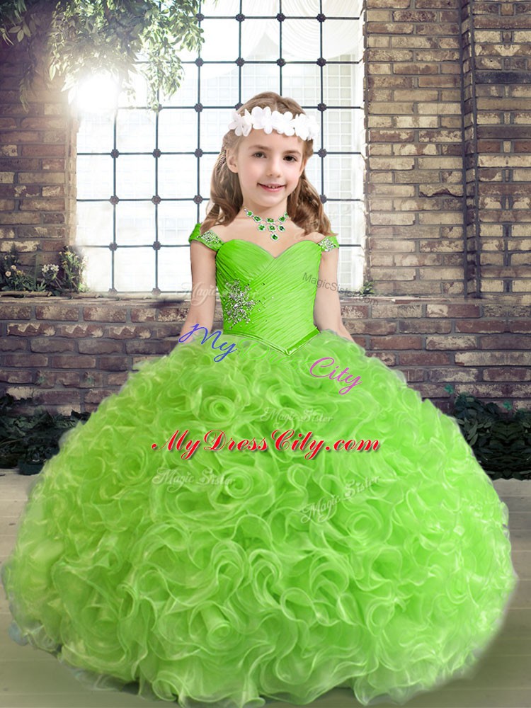 Dazzling Ball Gowns Fabric With Rolling Flowers Straps Sleeveless Beading Floor Length Lace Up Child Pageant Dress