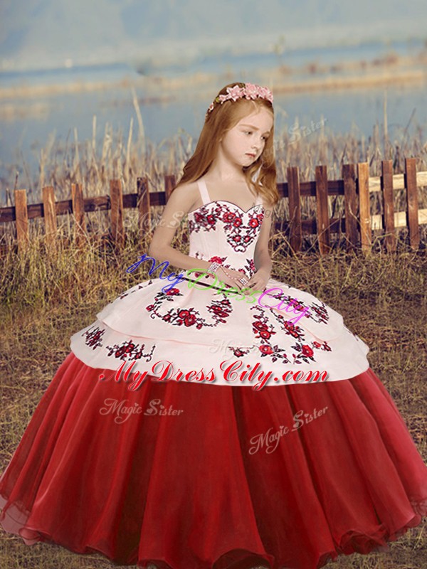 Custom Made Sleeveless Organza Floor Length Lace Up Pageant Gowns in Red with Embroidery