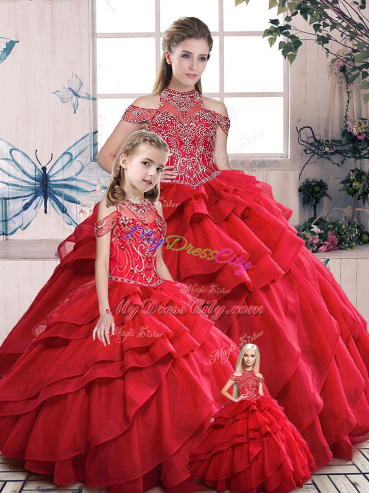 Floor Length Ball Gowns Sleeveless Red Vestidos de Quinceanera Lace Up