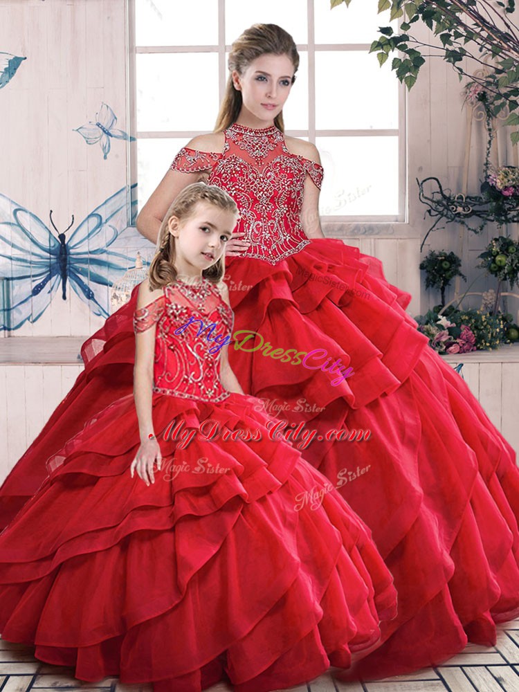 Floor Length Ball Gowns Sleeveless Red Vestidos de Quinceanera Lace Up