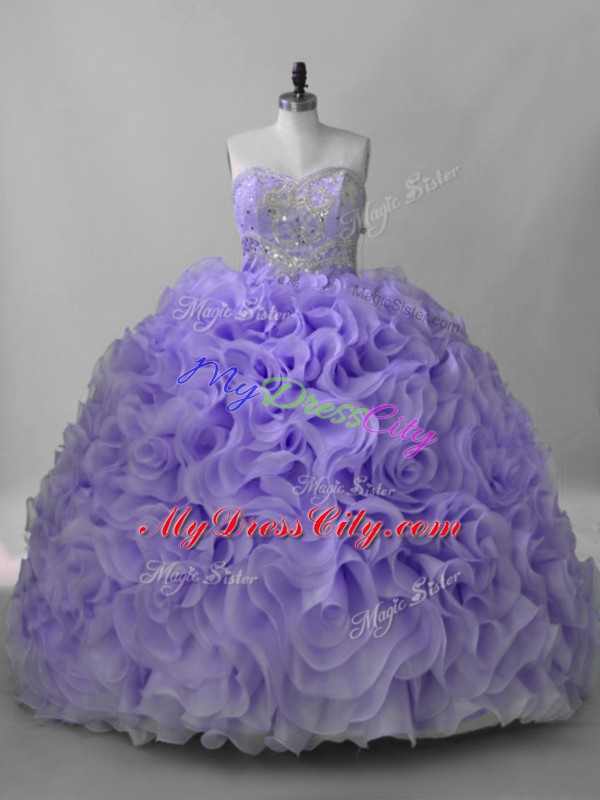 Romantic Lavender Fabric With Rolling Flowers Lace Up Sweetheart Sleeveless Sweet 16 Dress Brush Train Beading