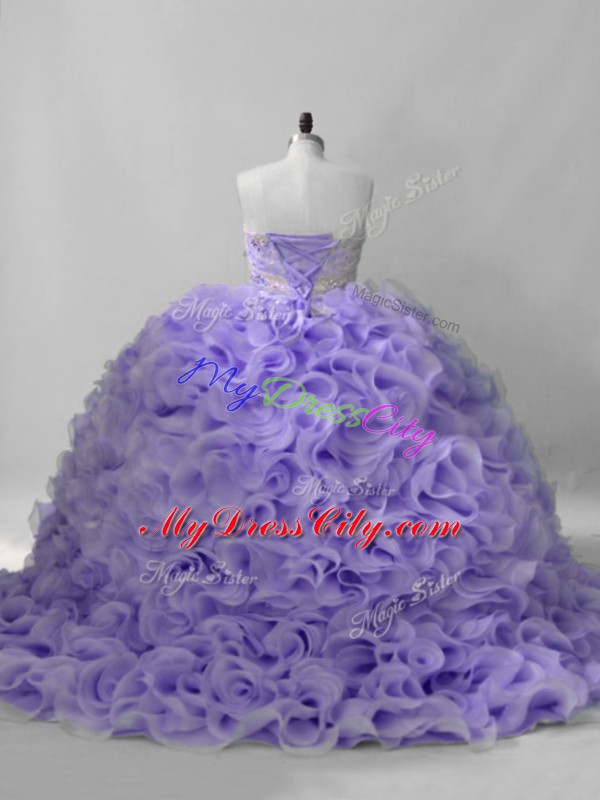 Romantic Lavender Fabric With Rolling Flowers Lace Up Sweetheart Sleeveless Sweet 16 Dress Brush Train Beading