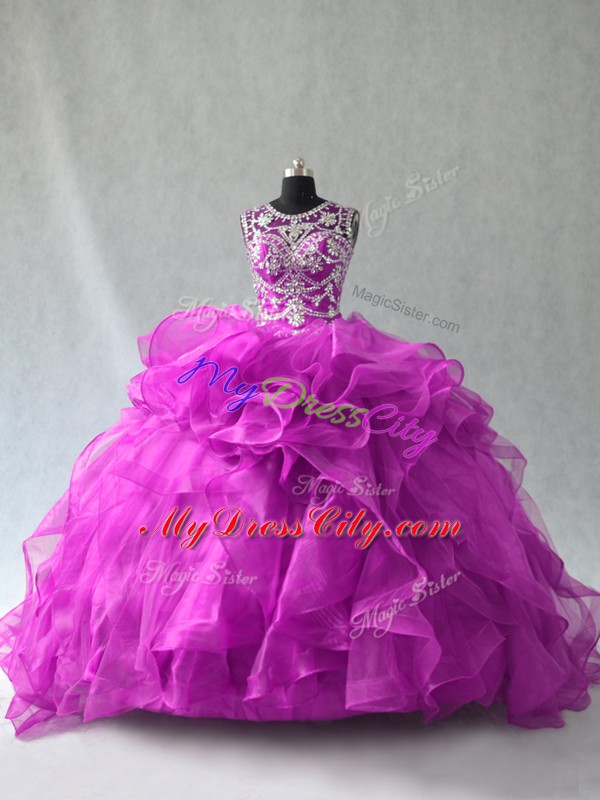 Purple Sleeveless Beading and Ruffles Floor Length Quinceanera Dresses