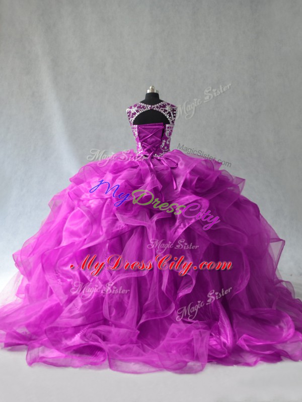 Purple Sleeveless Beading and Ruffles Floor Length Quinceanera Dresses