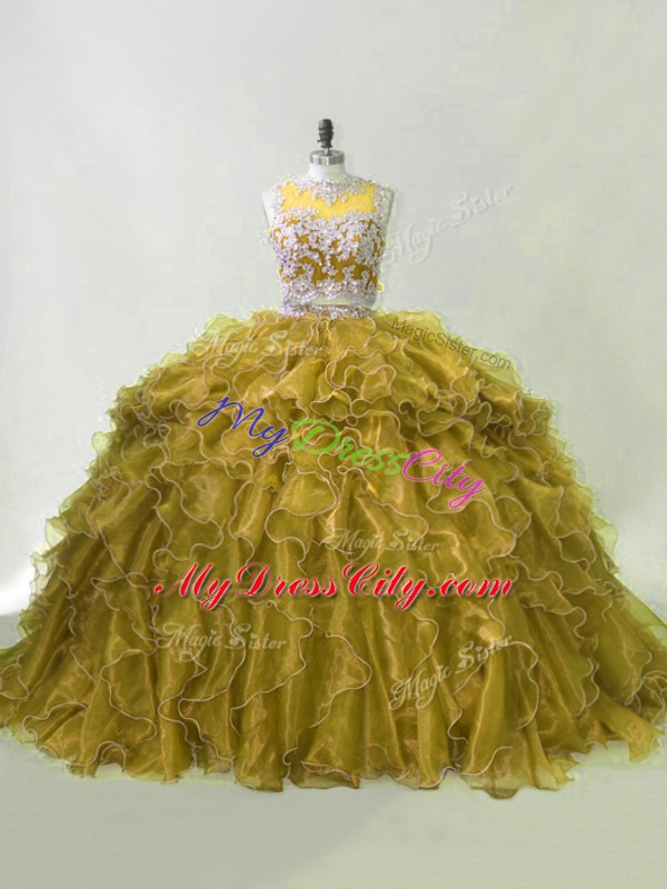 Custom Design Olive Green Two Pieces Organza Scoop Sleeveless Beading and Ruffles Zipper Sweet 16 Dress Brush Train