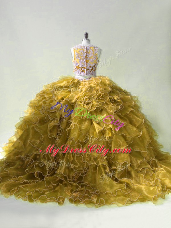 Custom Design Olive Green Two Pieces Organza Scoop Sleeveless Beading and Ruffles Zipper Sweet 16 Dress Brush Train