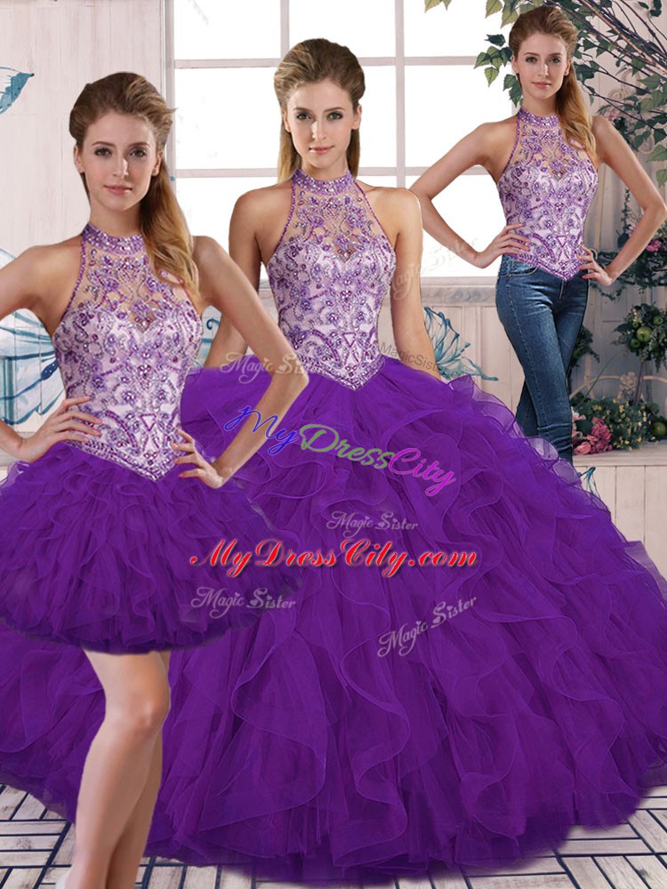 Custom Designed Halter Top Sleeveless Tulle Sweet 16 Dress Beading and Ruffles Lace Up