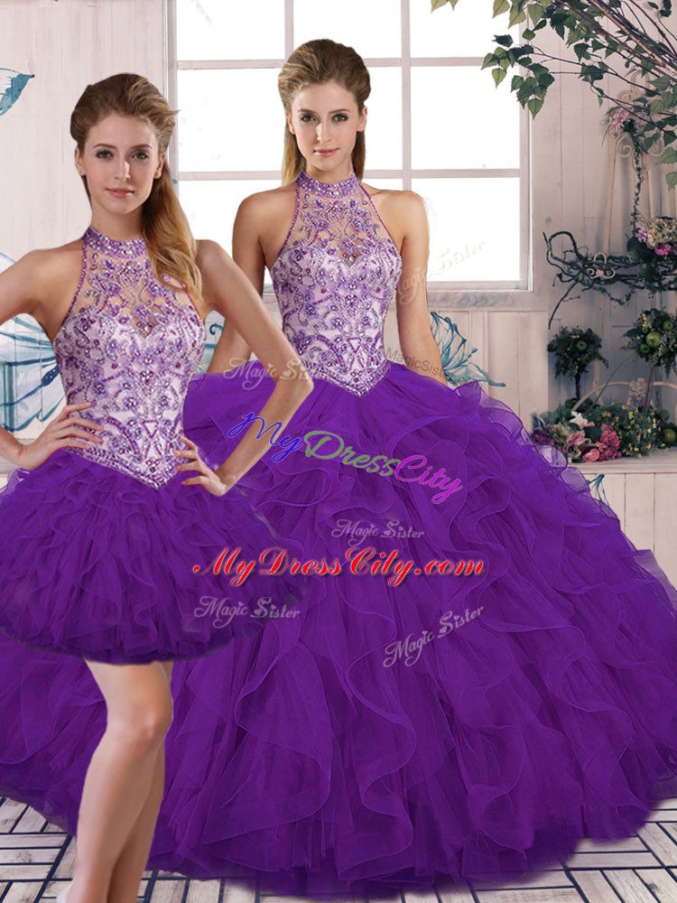 Custom Designed Halter Top Sleeveless Tulle Sweet 16 Dress Beading and Ruffles Lace Up