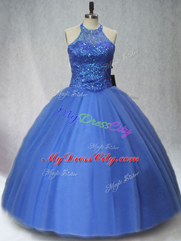 Perfect Floor Length Blue 15th Birthday Dress Halter Top Sleeveless Lace Up