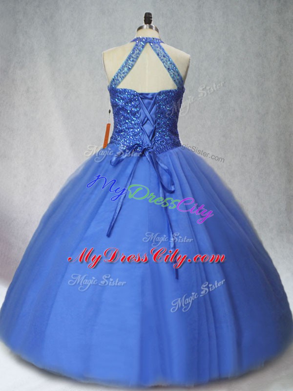 Perfect Floor Length Blue 15th Birthday Dress Halter Top Sleeveless Lace Up