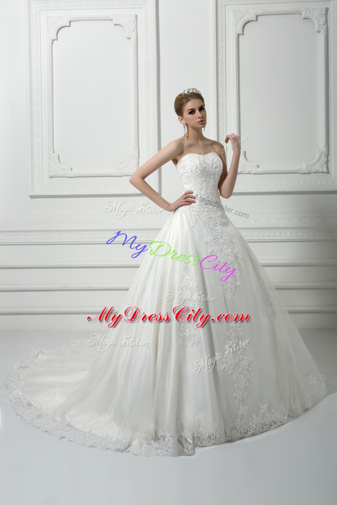 Tulle Sweetheart Sleeveless Court Train Lace Up Beading and Lace Bridal Gown in White