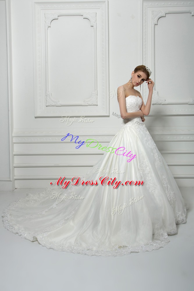 Tulle Sweetheart Sleeveless Court Train Lace Up Beading and Lace Bridal Gown in White