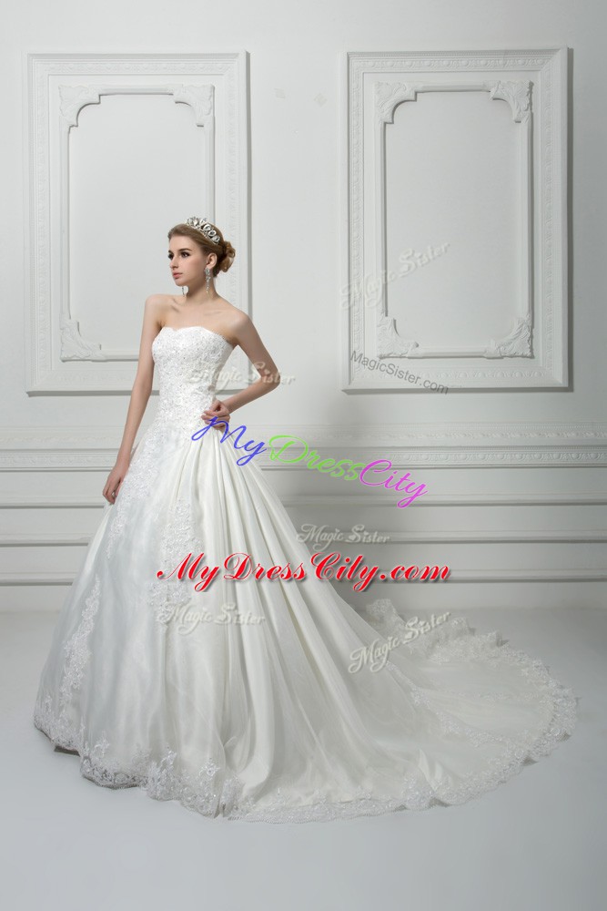 Tulle Sweetheart Sleeveless Court Train Lace Up Beading and Lace Bridal Gown in White