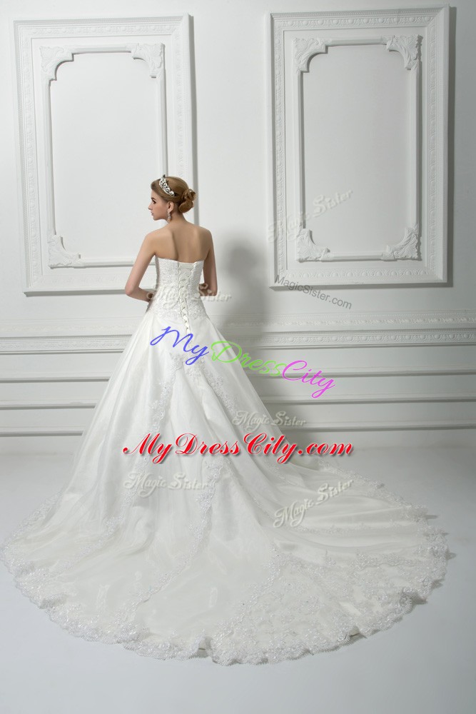 Tulle Sweetheart Sleeveless Court Train Lace Up Beading and Lace Bridal Gown in White